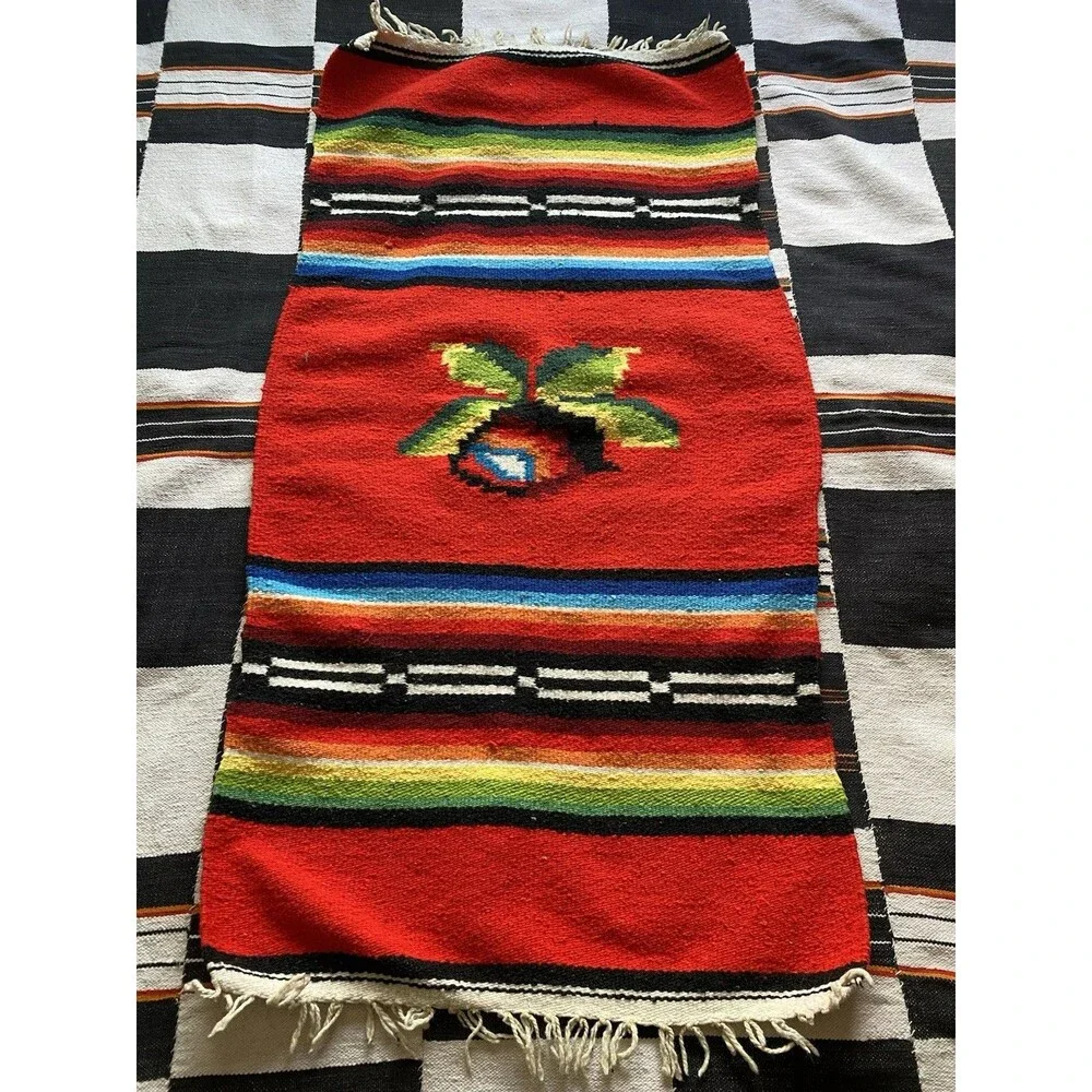 Vintage Handwoven Serape Kilim Rug Runner Wall Hanging. Rose. Wool Blend. Boho.